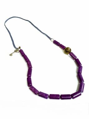 Fossil Long Purple Beaded Necklace With Key and Blur Cord